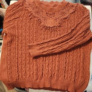 SHEIN Rust Cable Knit Sweater with Lace Neckline